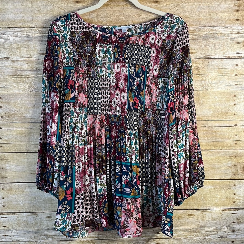 Boho Patchwork Floral Peasant Top in Teal and Pink